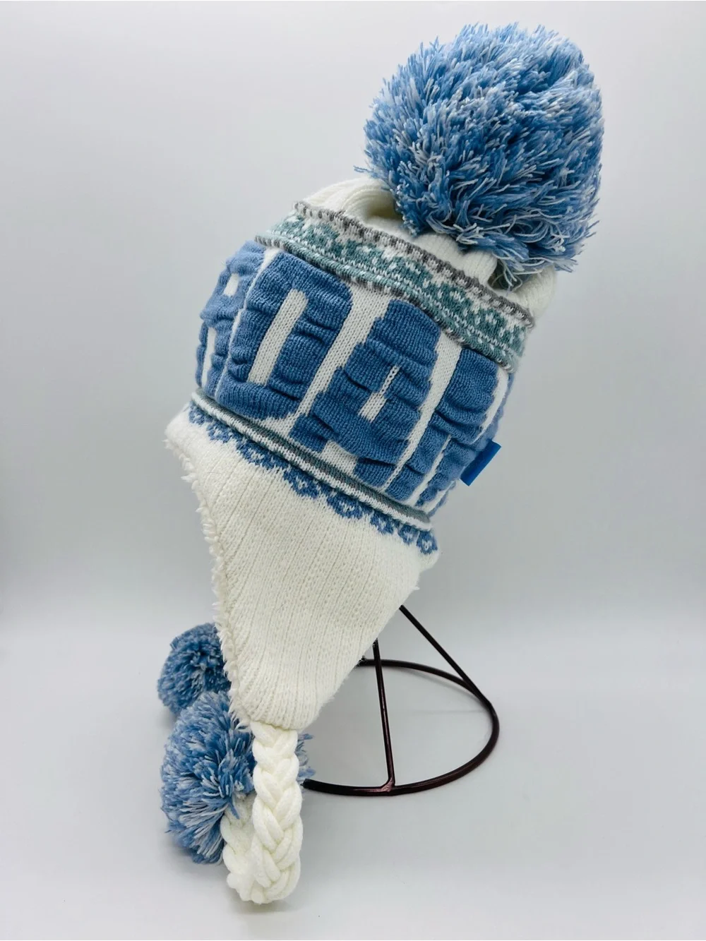 Robin Ruth Light Blue and White Pom-Pom Sherpa Earflap Hat “Amsterdam” One Size